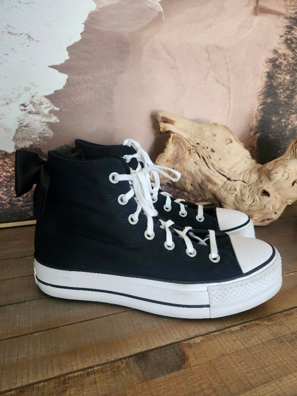 CONVERSE Chuck Taylor All Star Black/White Lift Platform w/Satin Bows 8.5 - Picture 4 of 11